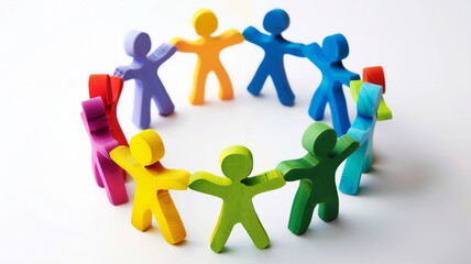 Colorful foam figures of people holding hands on a white background symbolize cooperation, support and teamwork.