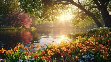 A serene lake glistens under the sun's gentle rays, framed by the verdant beauty of a park filled...
