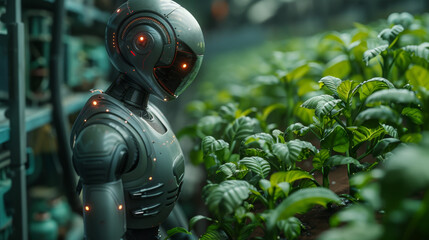 smart robotic in agriculture futuristic concept, robot farmers (automation) must be programmed to work in the vertical or indoor farm for increase efficiency, growing a seed, harvesting, reduce time.