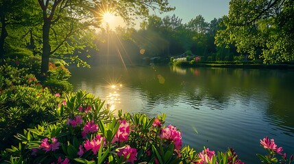 A serene lake glistens under the sun's gentle rays, framed by the verdant beauty of a park filled with colorful flowers and lush green trees