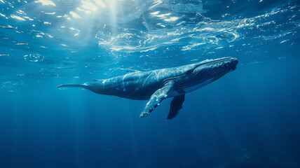 A lone whale glides through the ocean depths, illuminated by a mesmerizing play of light. The loneliness, majesty and beauty of sea life .