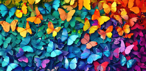 A vibrant display of multicolored butterflies, arranged in an array that includes shades like neon green and electric blue, creates a lively pattern on the canvas.