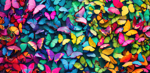 A vibrant display of multicolored butterflies, arranged in an array that includes shades like neon green and electric blue, creates a lively pattern on the canvas.