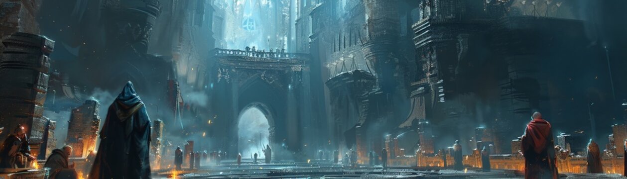 Wizards crafting magical artifacts in ancient ruins