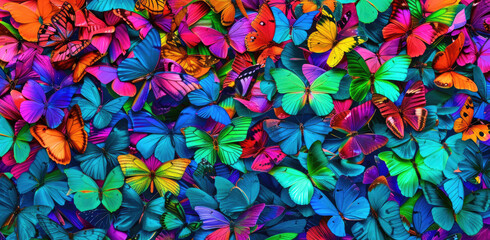 Fototapeta na wymiar A vibrant display of multicolored butterflies, arranged in an array that includes shades like neon green and electric blue, creates a lively pattern on the canvas.
