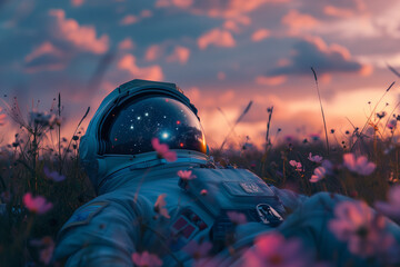 Astronaut's Spring Dream. Dramatic long exposure of astronaut in vivid flowers. Twilight, Milky Way - obrazy, fototapety, plakaty