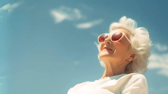 An elderly lady wearing dark glasses smiles at the sun