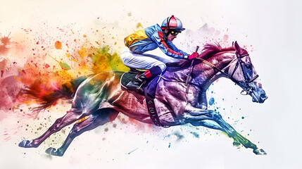 Abstract racing horse with jockey from a splash of watercolors. Equestrian sports. Vector graphic, ai generated
