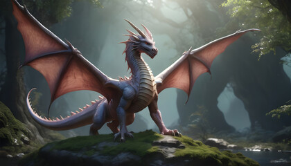 3D rendering of a fantasy dragon in a green nature environment. Generative AI
