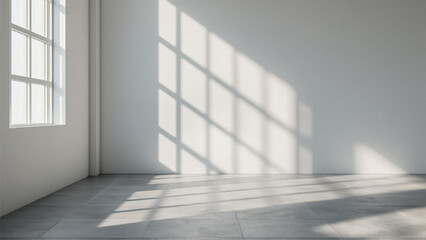 grey shadow studio showcase, shadow sunshine and sunbeam reflection on white wall and floor in empty luxury studio.