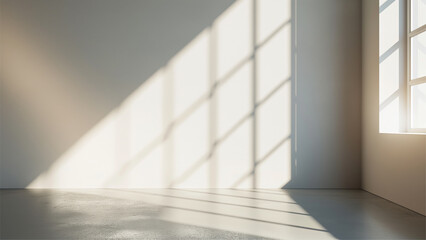 Fototapeta premium grey shadow studio showcase, shadow sunshine and sunbeam reflection on white wall and floor in empty luxury studio.