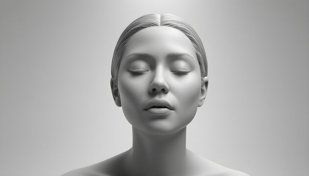 3d rendering of a female face with closed eyes on white background. Generative AI
