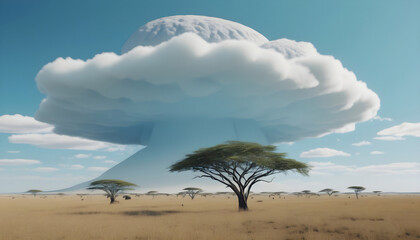 Fototapeta na wymiar African landscape with acacia tree and big cloud - 3d render. Generative AI