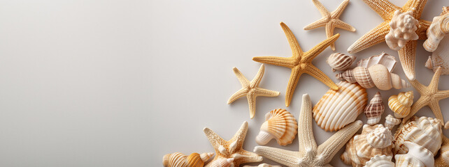 Fototapeta na wymiar A collection of seashells and starfish on a gradient background.