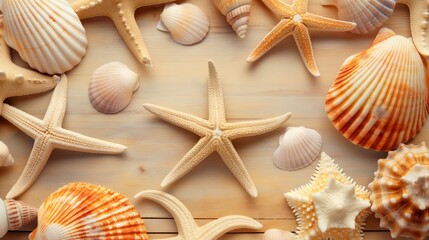 Assorted seashells and starfish spread on a wooden background.