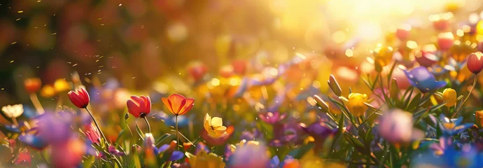 Foto auf Acrylglas Colorful spring flowers in the meadow with a sunlight background © Kien