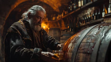 Fotobehang  Elderly winemaker samples wine directly from the barrel in a rustic, atmospheric cellar. © Sergei