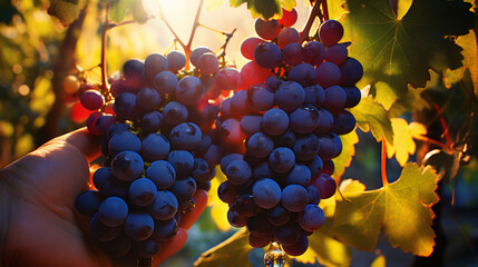 Sun-kissed ripe grapes in hand, symbolizing the harvest and quality of vineyard produce.