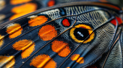 Close-up of a butterfly wing with a vibrant pattern of orange spots and lines.