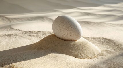 Fototapeta na wymiar A single white egg rests delicately on a bed of smooth sand, casting a subtle shadow in the soft sunlight.