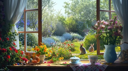 An art piece showcasing a rabbit sitting on a table in front of a window, set against a natural landscape with plants, flowers, and trees AIG42E