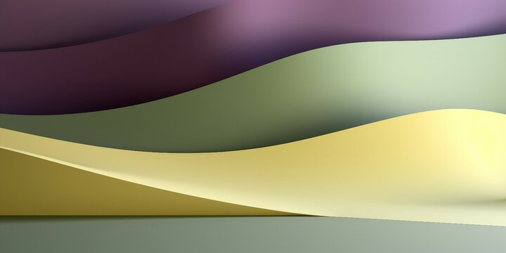 ペーパークラフト風横長背景。紫と抹茶色と黄色の曲線的な壁がある抽象的な空間