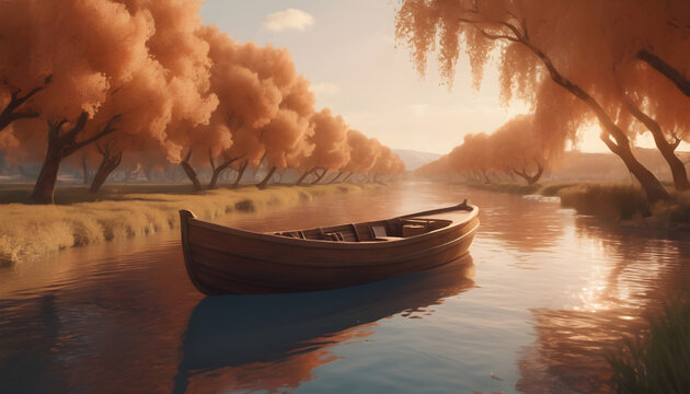 Boat on the river at sunset. 3D render illustration.. Generative AI