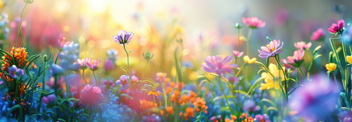 Colorful spring flowers in the meadow with a sunlight background