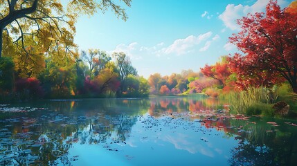 Nature's palette comes alive in a summer park scene, where a tranquil lake reflects the vibrant colors of surrounding foliage under a clear blue sky - obrazy, fototapety, plakaty