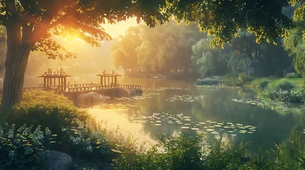 Tuinposter Nature's symphony plays out in a vibrant park setting, with a shimmering lake nestled amidst lush greenery and bathed in the golden light of summer © SHAPTOS