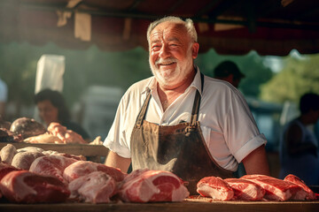 Mature man farmer at a meat counter at the market