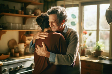 Elderly gray-haired man hugs his adult daughter in his kitchen