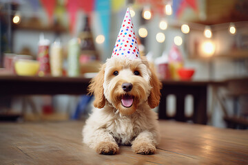 Happy cute curly dog wearing a party hat celebrating at a birthday party