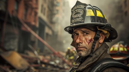 Fototapeta premium firefighter working In the damaged city
