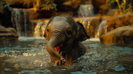 The baby elephant frolics and splashes in the water.