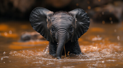The baby elephant frolics and splashes in the water.