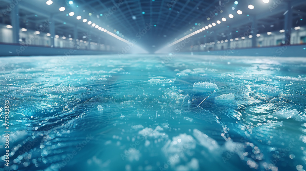 Aufkleber snow and ice background.empty ice rink illuminated by spotlights.