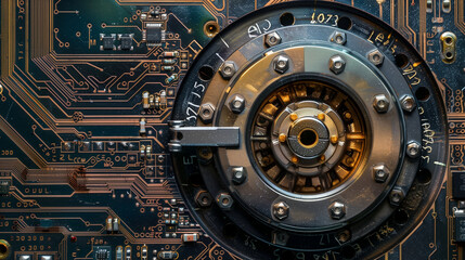 Fototapeta premium An abstract photo of a secure digital vault door, embedded in a circuit board. The vault door is heavy and metallic with a complex lock mechanism, Generative AI