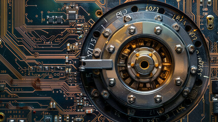 An abstract photo of a secure digital vault door, embedded in a circuit board. The vault door is heavy and metallic with a complex lock mechanism, Generative AI