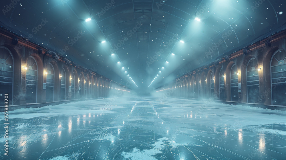 Poster snow and ice background.empty ice rink illuminated by spotlights.