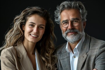 Smiling young woman and older man in smart casual attire
