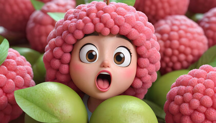Cute doll with raspberries and lollipops. Generative AI