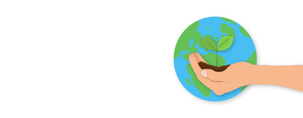 a sprout of a young tree in a human palm on the background of the globe. the concept of the development of a new life in the world . a man holds a young bud in his hand