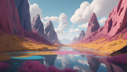 Fantasy alien planet. Mountain and lake. 3D illustration. Generative AI