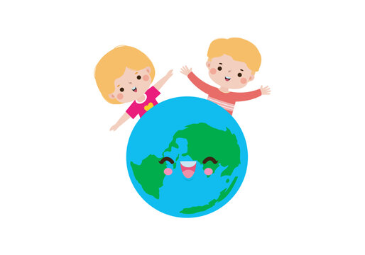 Earth day, cute kids save the world, world environment day, on white background vecter illustration flat style