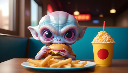 Funny alien with hamburger and french fries. 3d rendering. Generative AI