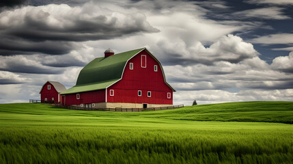 Fototapeta na wymiar Classic red barn with green wheat field on a cloudy day
