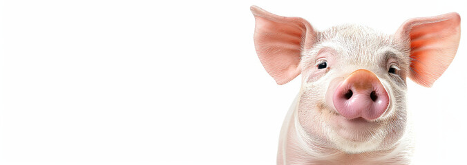 Close-up of a piglet's face on a white background, suitable for agriculture and livestock themes.