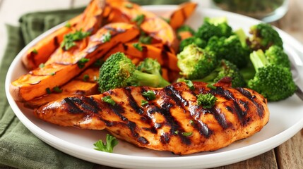 Grilled chicken breast with broccoli and sweet potatoes on a white plate. - obrazy, fototapety, plakaty