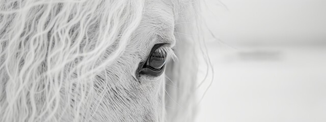 Close-up of a white horse's eye, capturing its gentle gaze in a monochrome tone. - obrazy, fototapety, plakaty
